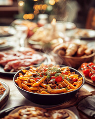 AI generator images of  Penne rigate pasta cooked in a tomato sauce with mushrooms and cherry tomatoes.