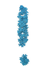 A collection of blue puzzle pieces is arranged in the shape of an exclamation mark, with one individual piece at the bottom, on a plain white background