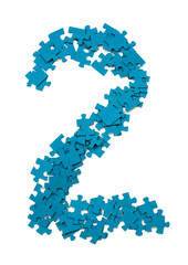Bright blue puzzle pieces are laid out on a white background, forming the shape of the number two. This arrangement shows a playful activity related to puzzles and numbers.