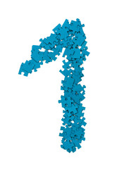 Blue jigsaw puzzle pieces are laid out on a white surface to create the shape of the number one. The pieces vary in form and fit together to form a clear visible number.