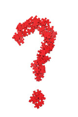Red puzzle pieces are placed together to form a question mark shape. The pieces are on a plain white background, creating a clear contrast and focus on the design.