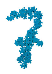 Blue jigsaw puzzle pieces are scattered on a white surface, forming the shape of a question mark. This setup invites curiosity and thought. The scene suggests puzzles and problem-solving.