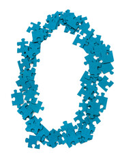 One group of blue puzzle pieces is arranged in an oval shape on a plain white surface. The pieces are scattered around and await assembly. This setup invites engagement and play.