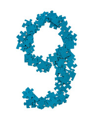 Blue puzzle pieces are arranged to make the number nine on a plain white surface. This shows a simple way to learn numbers. The pieces are scattered around the main figure.
