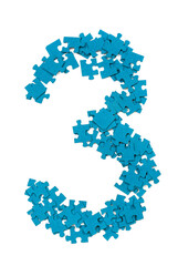 Blue puzzle pieces are arranged to form the number three on a white background. This simple display highlights a creative approach to numbers and puzzles.