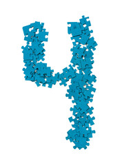 The number four is formed using blue puzzle pieces on a blank white surface. This design highlights the shape and color of the pieces clearly. This could be used for teaching or design purposes.