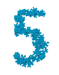 Blue puzzle pieces are arranged to form the number five on a plain white background. The pieces are scattered around, creating a casual display.