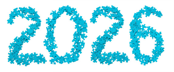 Blue puzzle pieces are arranged to form the numbers 2026 on a plain white background. The pieces are scattered creatively to give a unique look to the year.