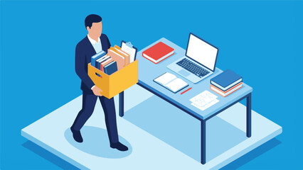 Businessman carrying box of belongings, leaving office - isometric illustration