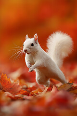 AI generator images of  The white squirrel in the picture may be an albino, which has red or pink eyes, or it may be a squirrel with a leucistic condition, which usually means it has black eyes.