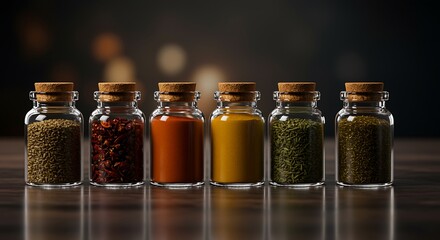 Spices in Glass Bottles on Table