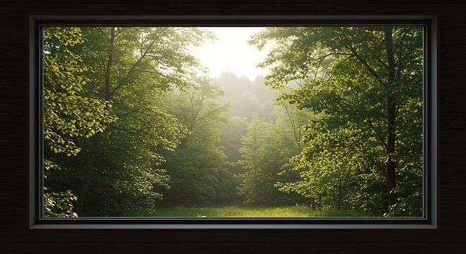 serene forest landscape with sunlit trees and grassy path in framed view - Powered by Adobe
