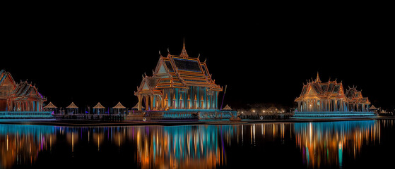 AI generator images of  A temple or traditional Thai pavilion by the river, beautifully illuminated at night.