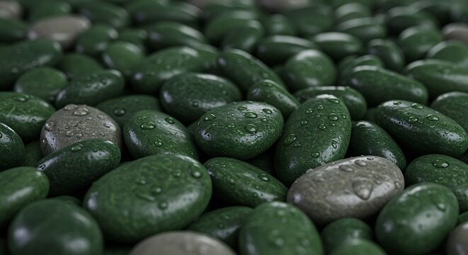 Wet green and gray stones with water droplets on their smooth surface - Powered by Adobe