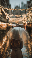 AI generator images of   girl walks through the falling snow holding an umbrella along a path lined with old European-style buildings, blending seamlessly with the well-preserved medieval European tow