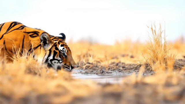 A tiger drinks water from a muddy puddle in its natural habitat, with striking orange and black stripes