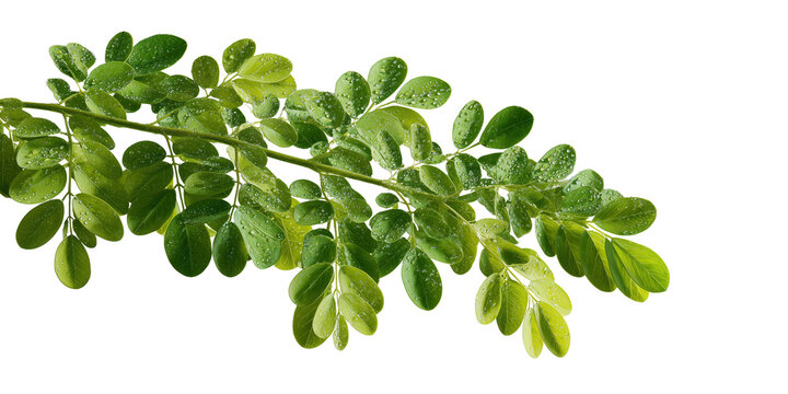 Green branch with water droplets isolated on a transparent background