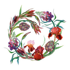 Vibrant Watercolor Botanical Wreath with Irises and Artichoke Thistles