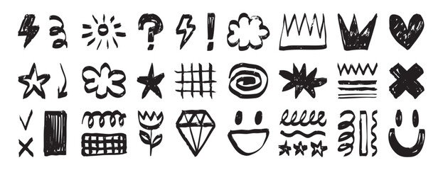 Fototapeta premium Graffiti sketch symbols set collection doodle hand drawn icon. Outline drawing crown star heart line clipart symbol.