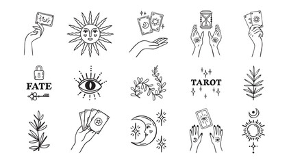 Boho set of tarot and plants, witch hands, fortune teller elements, astrology theme, hand drawn, monochrome line art, outline contour