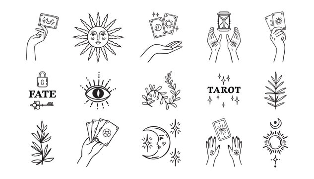 Boho set of tarot and plants, witch hands, fortune teller elements, astrology theme, hand drawn, monochrome line art, outline contour