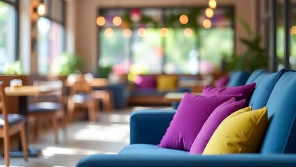 Modern Cozy Cafe Interior with Comfortable Blue Sofas, Vibrant Purple Pillows and Soft Bokeh Lighting