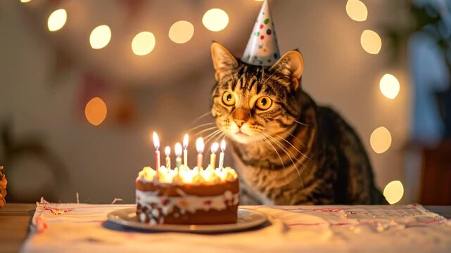 A tabby cat, wearing a party hat, gazes at a birthday cake with lit candles
