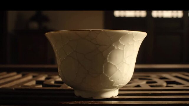 Cracked ceramic cup on a dark wooden table in a serene setting.