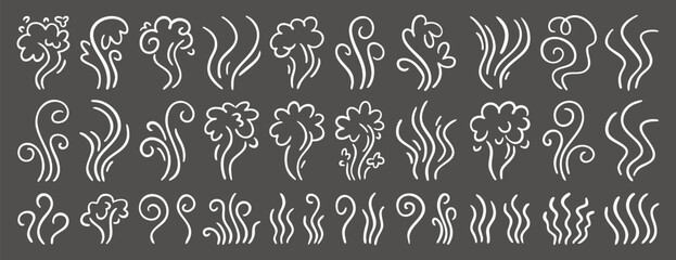 Fototapeta premium Hand drawn aroma vapor icons White line icon set on dark background hot aroma, cooking steam, smoke, odor and vapor