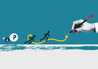 Hand drawing upward arrow guiding running business people overcoming obstacles to success and growth on teal background conceptual illustration for business strategy and career progress