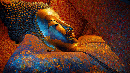 AI generator images of  The face of the reclining Buddha image at the temple, in a digital art style that emphasizes texture and patterns.