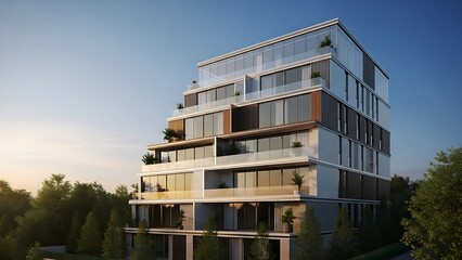 Obraz premium Modern building with glass facade and balconies surrounded by trees in a serene environment