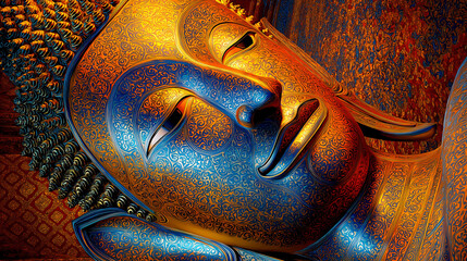 AI generator images of  The face of the reclining Buddha image at the temple, in a digital art style that emphasizes texture and patterns.