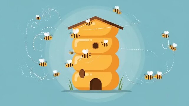 Bees Flying Around Cartoon Beehive Illustration.
