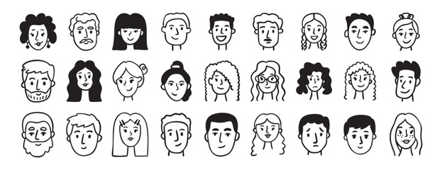Characters faces avatars set collection doodle hand drawn icon. Outline drawing people head line clipart symbol.