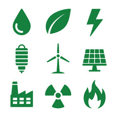 Green energy and environment icons including water, leaf, lightning, battery, wind turbine, solar panel, factory, radiation, and flame. © Gofur Artistry