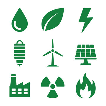 Green energy and environment icons including water, leaf, lightning, battery, wind turbine, solar panel, factory, radiation, and flame.