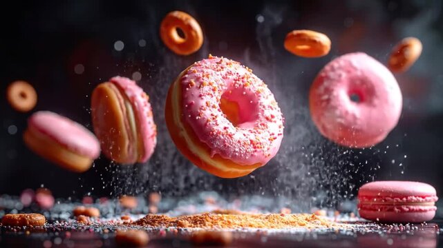 Floating donuts, macarons, and sprinkle explosion against a dark backdrop