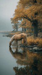 AI generator images of  A horse drinking from a water source amidst an autumn atmosphere, with numerous trees bearing bright yellow blossoms or leaves along the water's edge, creating a beautiful 