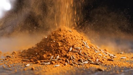 A vibrant stream of aromatic orangebrown spices possibly a rich curry powder or chili blend gracefully cascades and settles onto a dark surface creating a textured flavorful heap ready for culinary u.