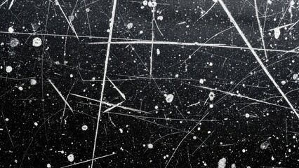 Abstract Scratched Black Background with White Dust and Lens Flare, Vintage Film Texture, Distressed Grungy Surface Overlay, Dark Monochromatic Weathered Texture