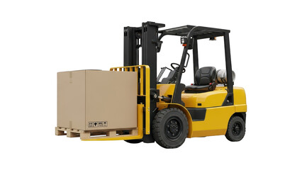 Yellow forklift truck carrying large cardboard box on pallet against transparent background cut
