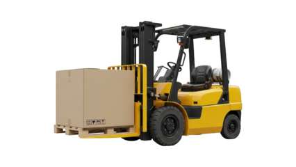 Yellow forklift truck carrying large cardboard box on pallet against transparent background cut