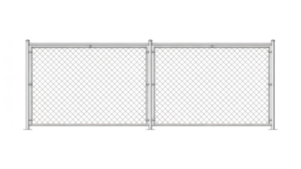Two sections of white wire mesh fence with metal posts on a transparent background