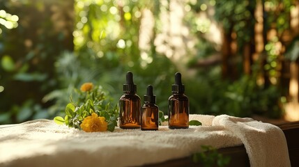 Elegant spa scene with essential oil bottles and natural elements in sunlight