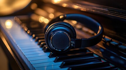 Headphones on Piano Keys with Bokeh Lights in the Background for Music