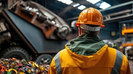 Industrial worker overlooking a heap of recycled materials inside the factory