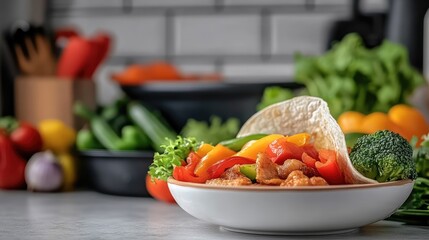Aromatic Chicken Fajita Filling Displayed in Bowl with Fresh Garden Produce