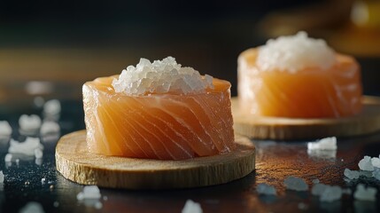 Culinary Delight: Artistic Salmon with Sea Salt Accent on Wood Platform