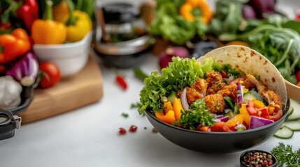 Fresh and Vibrant Chicken Salad Wrap Bowl with Colorful Vegetable Harmony
